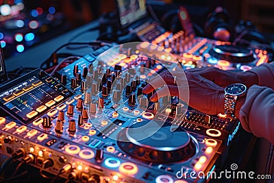 Hands of a Disc Jockey Mixing on a Professional Soundboard at a Party or Event Stock Photo