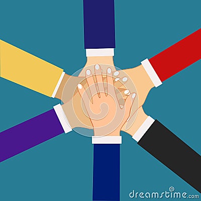 Hands of diverse group of people putting together. Concept of cooperation. agreement. teamwork Vector Illustration