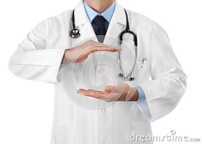 Hands doctor close up, medical coverage insurance concept, isolated in white background with copy space Stock Photo
