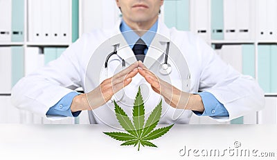 Hands doctor with marijuana medical cannabis icon Stock Photo