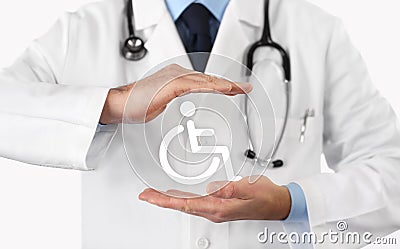 Hands doctor protect wheelchair symbol Stock Photo