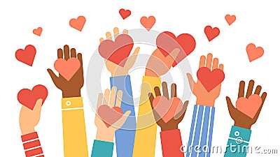 Hands donate hearts. Charity, volunteer and community help symbol with hand gives heart. People share love. Valentines Vector Illustration