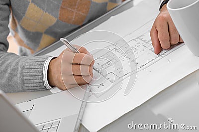 Hands drawing blueprint Stock Photo