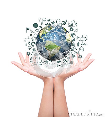 Hands with Earth with drawing business graph and business objects Stock Photo