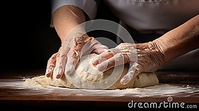 Hands of an elderly woman making dough to bake bread and pastries. Generative AI Stock Photo