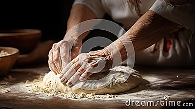 Hands of an elderly woman making dough to bake bread, pies, and pastries. Generative AI Stock Photo