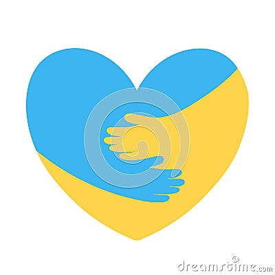 Hands embrace heart with yellow blue flag of Ukraine, support, help and pray for peace Vector Illustration