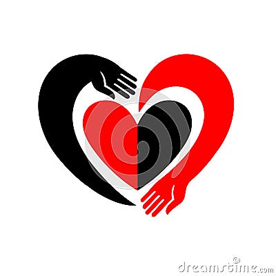 Hands embracing a heart. The original icon with black and red design. Vector Illustration