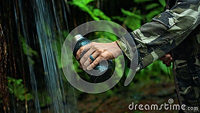 Hands of European young hiker hold glass, draws water from waterfall for drinking, in middle of rainforest Stock Photo
