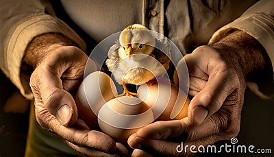 Hands of a Farmer Holding a Group of Chicken Eggs and a Chick - Generative Ai Stock Photo