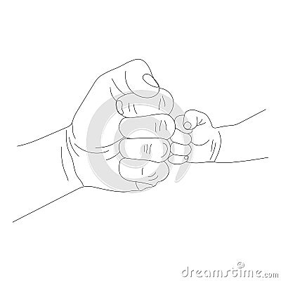 Hands of father and child in fist, concept of power of two generations, fist of father and son, illustration for father`s day. Vector Illustration