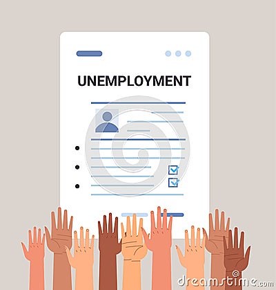 hands filling unemployment benefit form workers compensation paper work crisis jobless employee job reduction Vector Illustration