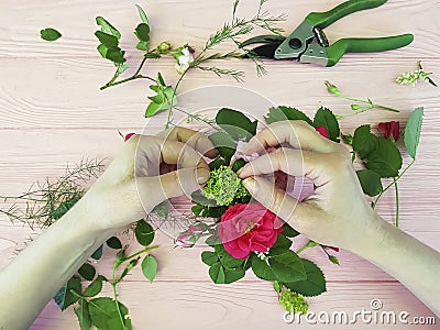 Hands florist flowers view from above professional Stock Photo