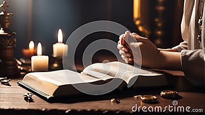 Hands folded in prayer on a Holy Bible in church concept for faith, spirituality and religion, woman praying on holy bible Stock Photo