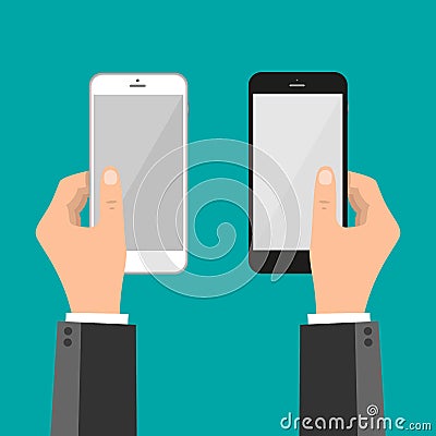 Hands folding smart phone and touching screen - vector template Vector Illustration