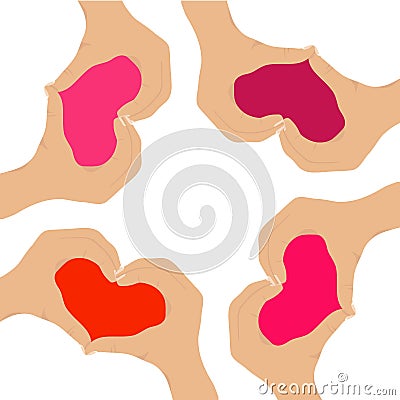 Hands in the form of hearts, hearts of different colors Vector Illustration