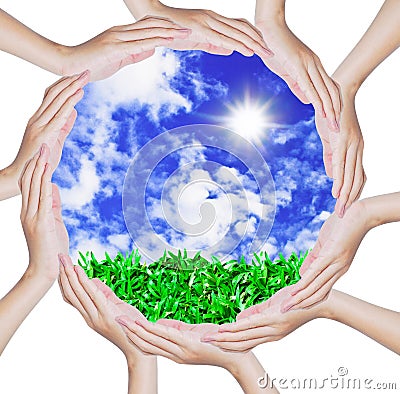Hands forming a circle shape on blue sky Stock Photo