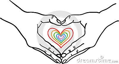 Hands forming heart shape around a colorful romantic heart - hand drawn vector illustration - Suitable for Valentine, Wedding, Vector Illustration