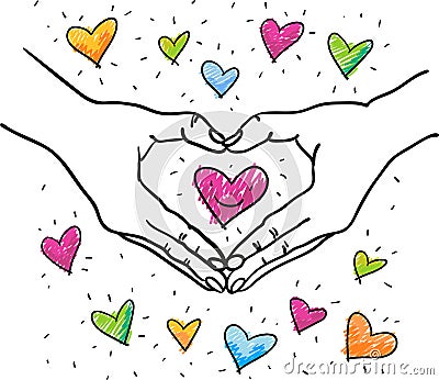 Hands forming heart shape around a colorful romantic heart - hand drawn illustration - Suitable for Valentine, Wedding, Cartoon Illustration