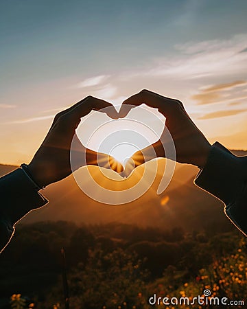 Hands forming a heart shape, sunrise backlit, clear silhouette , clean sharp focus Stock Photo