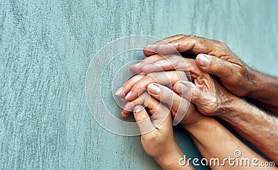 Hands of four generations close-up . Stock Photo