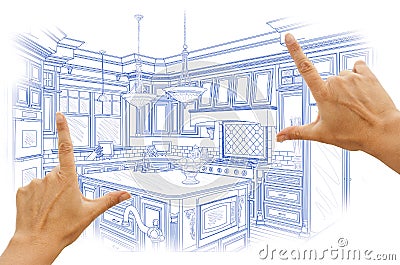 Hands Framing Blue Custom Kitchen Design Drawing Stock Photo