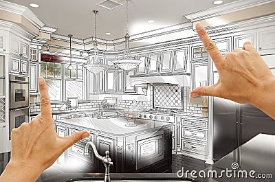 Hands Framing Custom Kitchen Design Drawing and Photo Combination Stock Photo