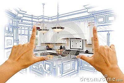 Hands Framing Custom Kitchen Design Drawing and Photo Combination Stock Photo