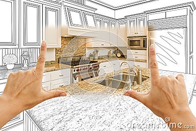 Hands Framing Custom Kitchen Design Drawing and Square Photo Com Stock Photo