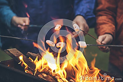 Hands of friends roasting marshmallows over the fire in a grill Stock Photo