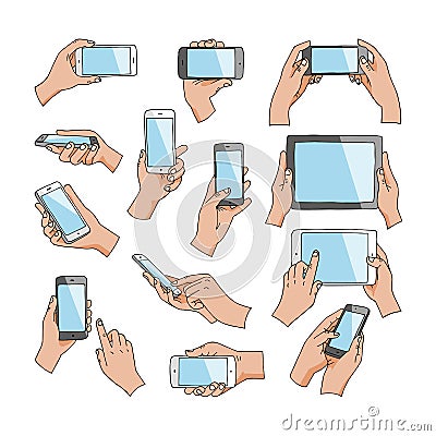 Hands with gadgets vector hand holding phone or tablet and character working on smartphone illustration set of digital Vector Illustration