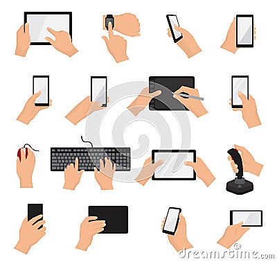 Hands with gadgets vector hand holding phone or tablet illustration set of character working on digital device with Vector Illustration