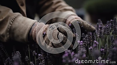 Hands of a gardener cut lavender inflorescences. Generative AI Stock Photo