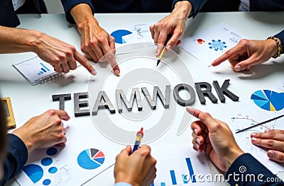 Hands are gathered around a table, emphasizing teamwork through charts, graphs, and the word teamwork spelled out Stock Photo