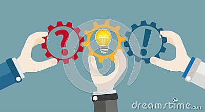 Hands Gears Idea Bulb Question Answer Teamwork Concept Vector Illustration