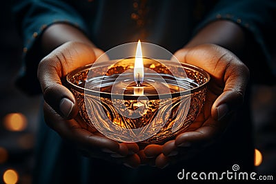 Hands gently cradle a candle, illuminating the depths of the dark Stock Photo