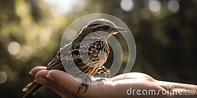 Hands gently release a rehabilitated bird back into the wild, celebrating the successful outcome of a wildlife rescue Stock Photo