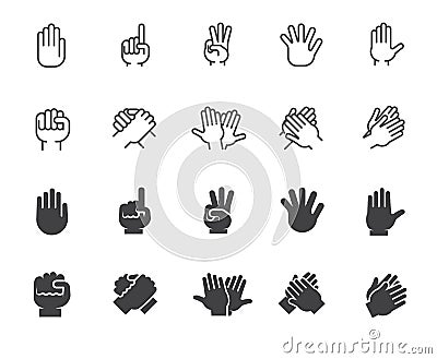 Hands gesticulation buttons in line and glyph style. Handshake, applause, index finger, palm, high five and other icons Vector Illustration