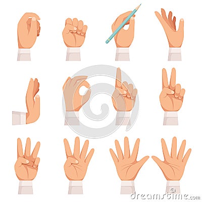 Hands gesture. Human palm and fingers touch showing pointing and holding taking vector cartoon collection isolated Vector Illustration