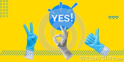 Hands with gestures: peace, victory, OK, and thumbs up and blue inscription YES on yellow background. Emotional outburst Stock Photo