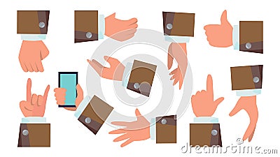 Hands Gestures Set Vector. Businessman Hands. Different Action Poses. Flat Cartoon Illustration Vector Illustration