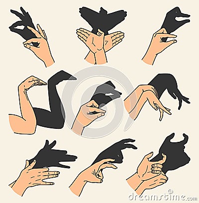 Hands gestures shadow set. Gaming animal puppets from hands. Light shade imagination ingenious. Hand play theatrical Vector Illustration