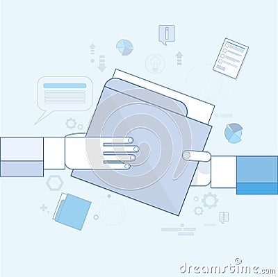 Hands Give Folder Document Papers, Businessmen Share Information Data Vector Illustration