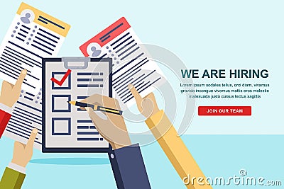 Hands giving cv resume to HR manager. Recruitment and hiring banner or poster design template. Vector illustration. Vector Illustration