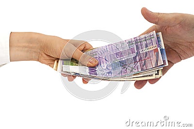 Hands giving money International currencies away Stock Photo