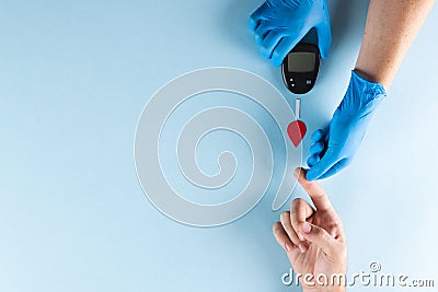 Hands of gloved doctor with glucometer taking blood sugar reading from caucasian woman, copy space Stock Photo