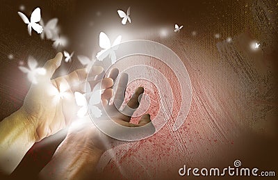 Hands with Glowing Butterflies Cartoon Illustration