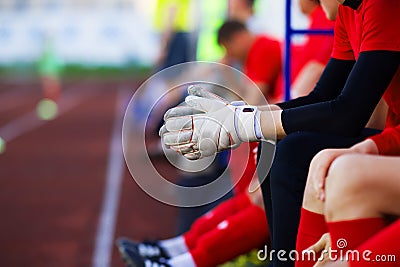 Hands goalkeeper. Gloves closeup Stock Photo