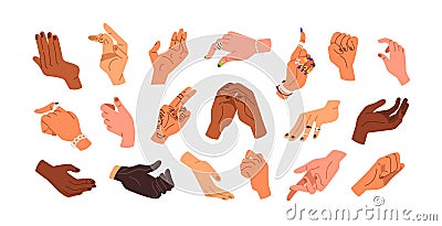 Hands grabbing, gripping, taking. Palms, finger pointing, leaning, grasping, clenching, holding set. Different arm actions and Vector Illustration