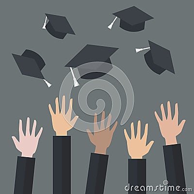 Hands of graduates throwing graduation hats in the air Vector Illustration